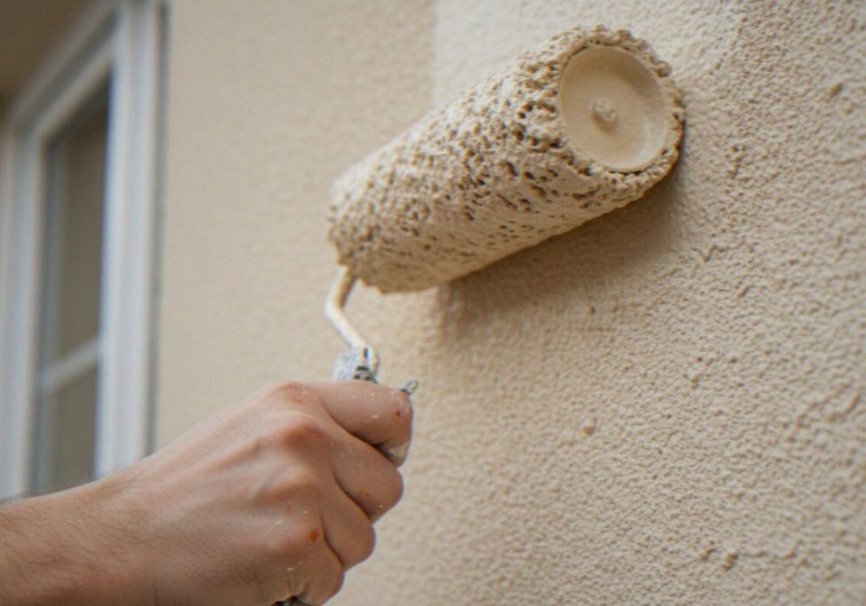 A hand rolling a fresh coat of paint onto a textured exterior wall beside a window, the kind of application that affects how long exterior paint lasts.